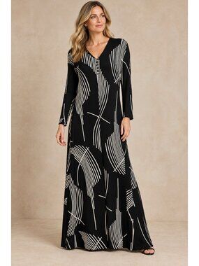 Vintage Geometric Print Black White Longe Sleeve Maxi Dress A line M